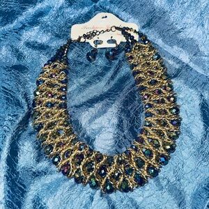 Elegant Gold and Blue Statement Necklace & Earrings